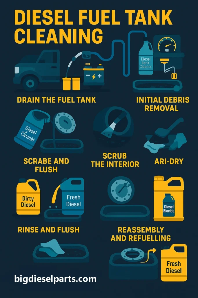 Step-by-step diesel fuel tank cleaning infographic by Big Diesel Parts & Service, showing each stage from draining to refueling.