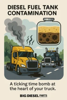 Illustration of a broken-down yellow semi-truck on the highway with smoke, showing diesel tank contamination and microbial sludge